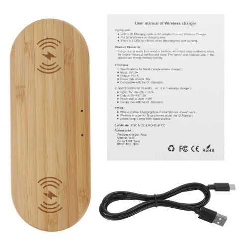 JMT-825738 Wooden Wireless Charger - Direct Charge 10W in Bamboo, Beech, and Walnut Finishes