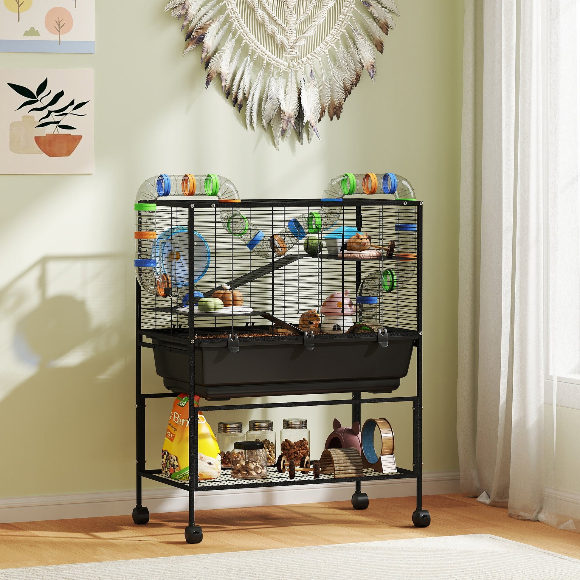 JMT-826058 3-Tier Hamster Cage with Deep Tray, Storage Solutions, Exercise Wheel, Hut, and Tube System