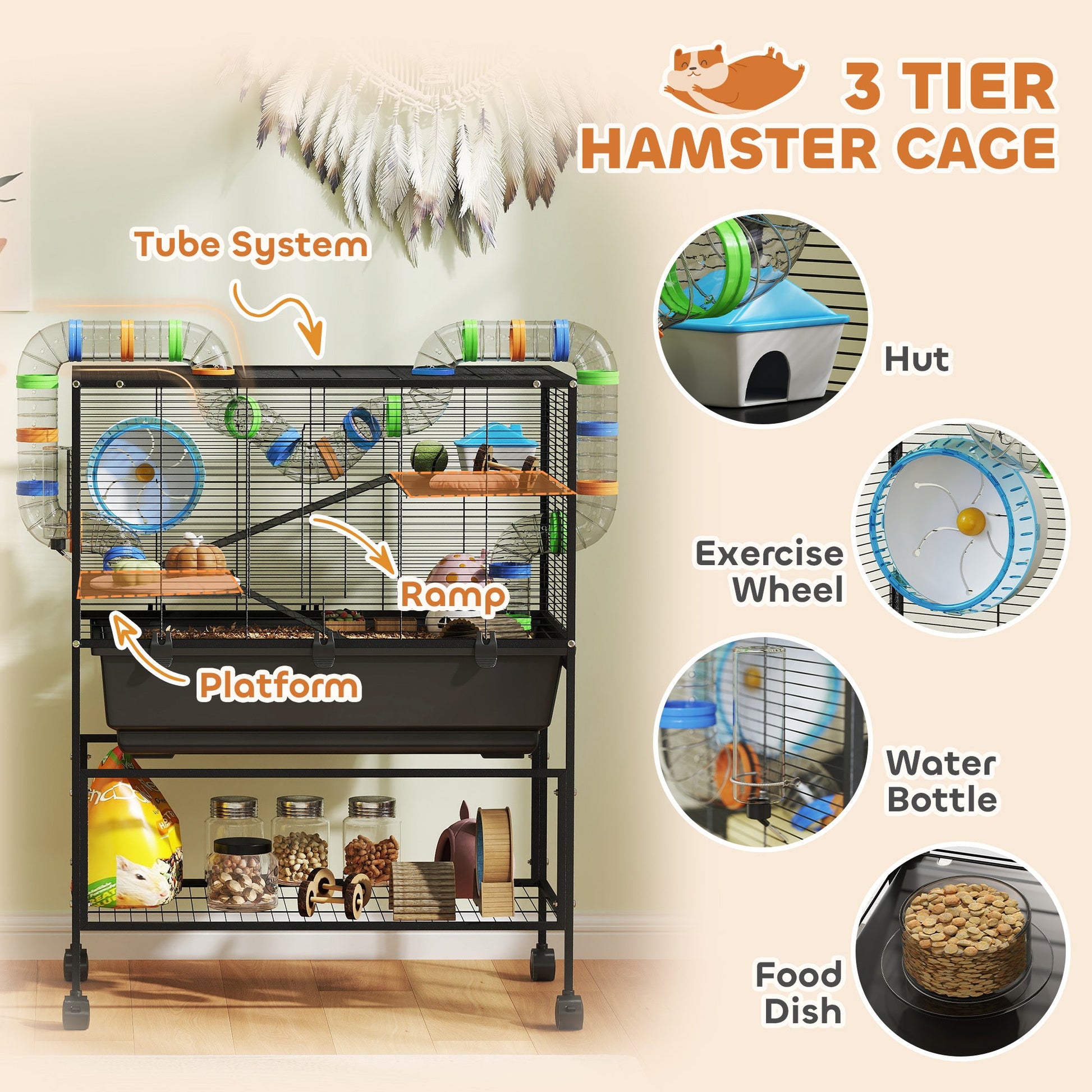 JMT-826058 3-Tier Hamster Cage with Deep Tray, Storage Solutions, Exercise Wheel, Hut, and Tube System