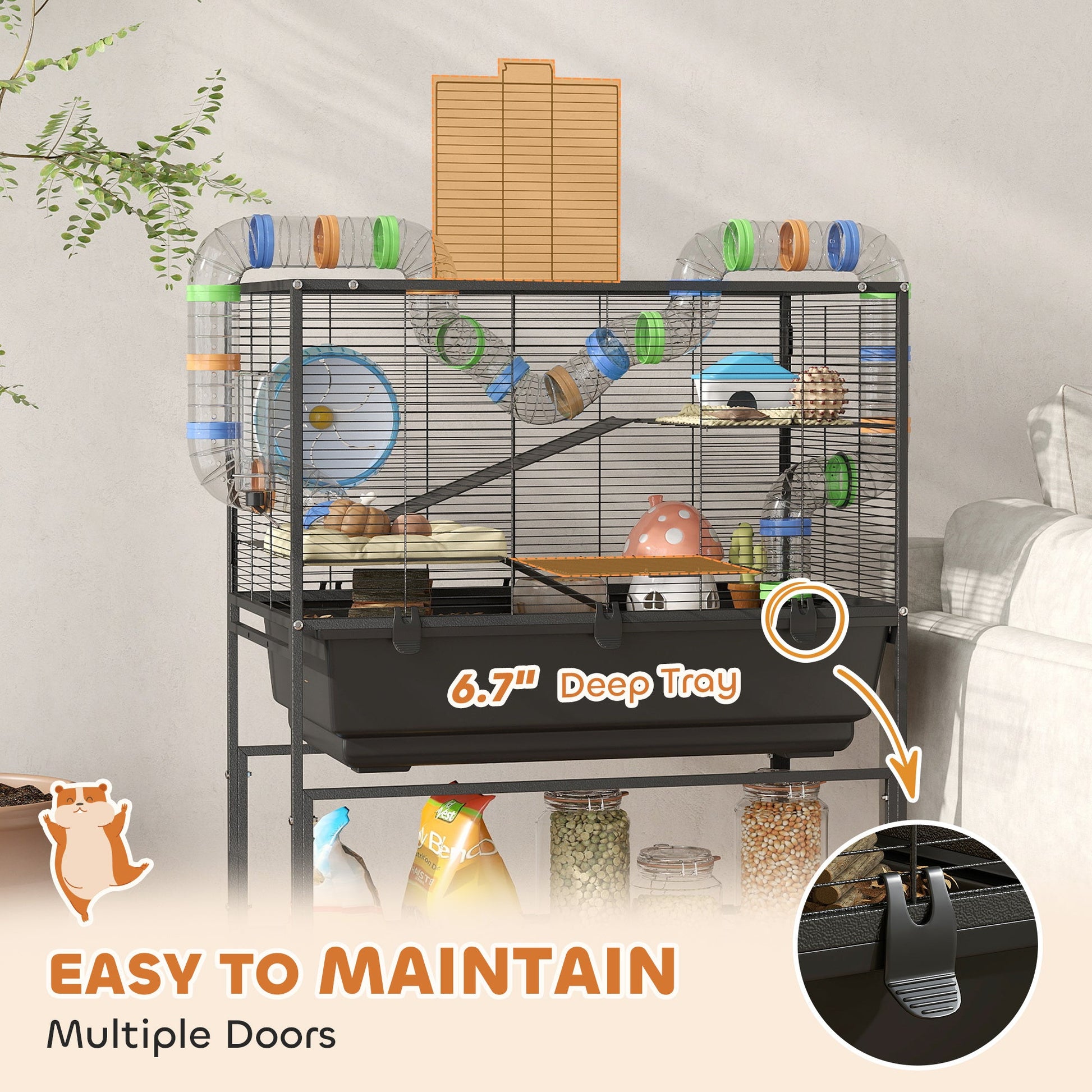 JMT-826058 3-Tier Hamster Cage with Deep Tray, Storage Solutions, Exercise Wheel, Hut, and Tube System