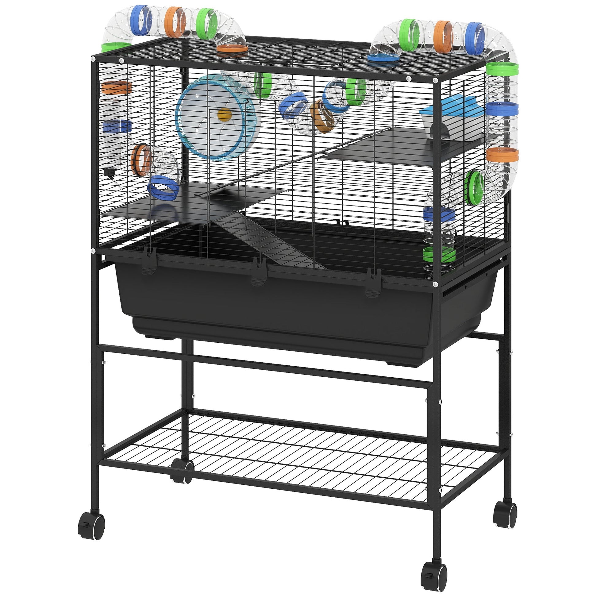 JMT-826058 3-Tier Hamster Cage with Deep Tray, Storage Solutions, Exercise Wheel, Hut, and Tube System
