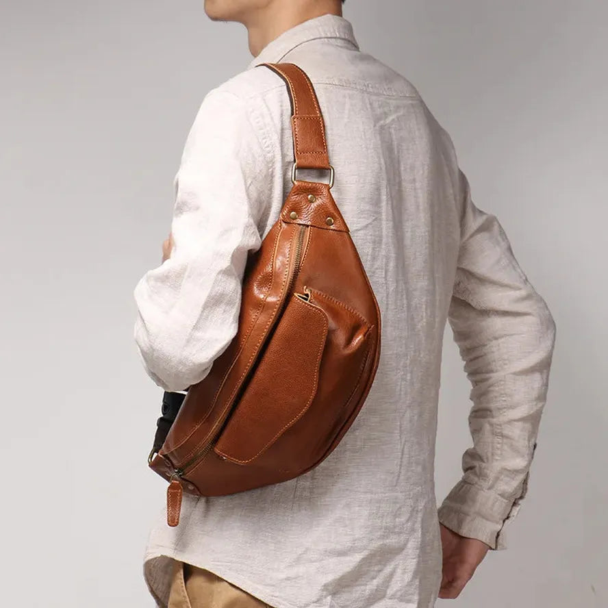JMT-827082 Men's Genuine Leather Chest Bag in Heavyweight Waxed Canvas - Crossbody Fanny Pack with Large Capacity