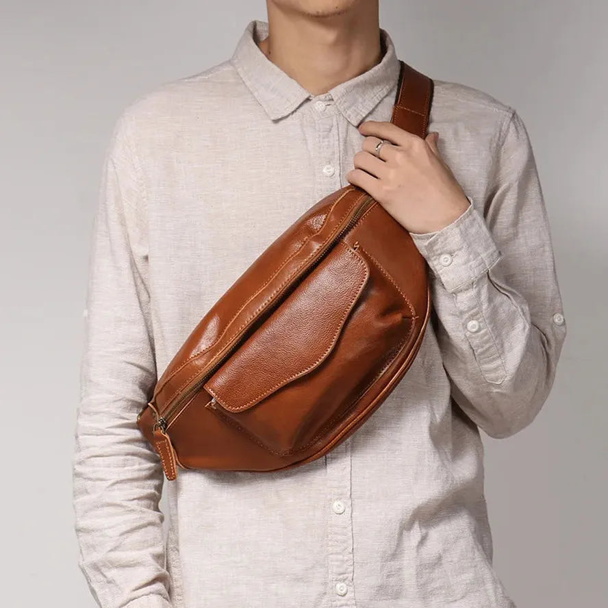 JMT-827082 Men's Genuine Leather Chest Bag in Heavyweight Waxed Canvas - Crossbody Fanny Pack with Large Capacity