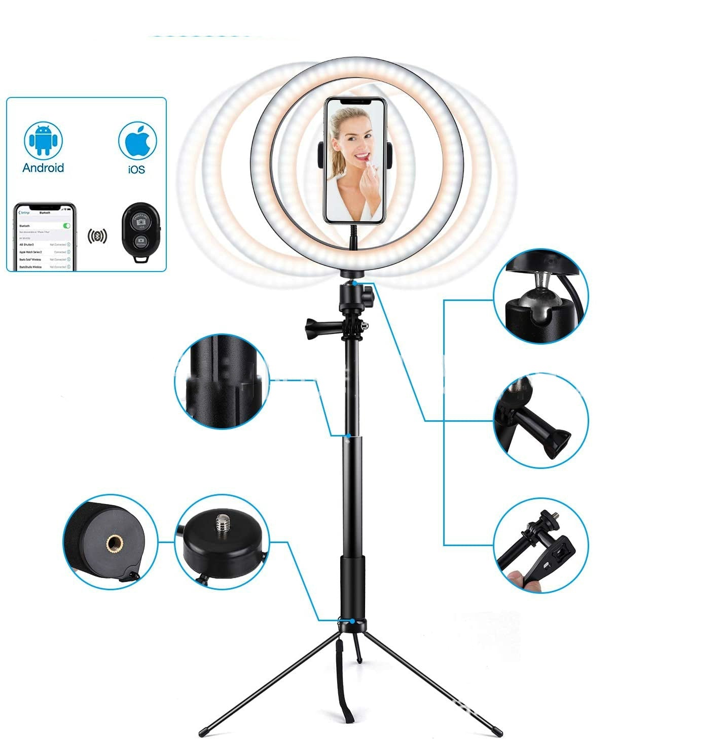 JMT-827210 10 Inch LED Ring Light with Adjustable Tripod Stand and Bluetooth Remote for iPhone Selfies