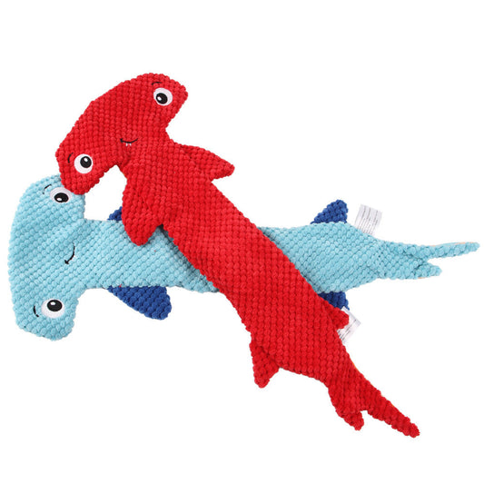 JMT-827338 Hammerhead Shark Shaped Sound Making Toy for Dogs - Durable Polyester Material in Red and Blue