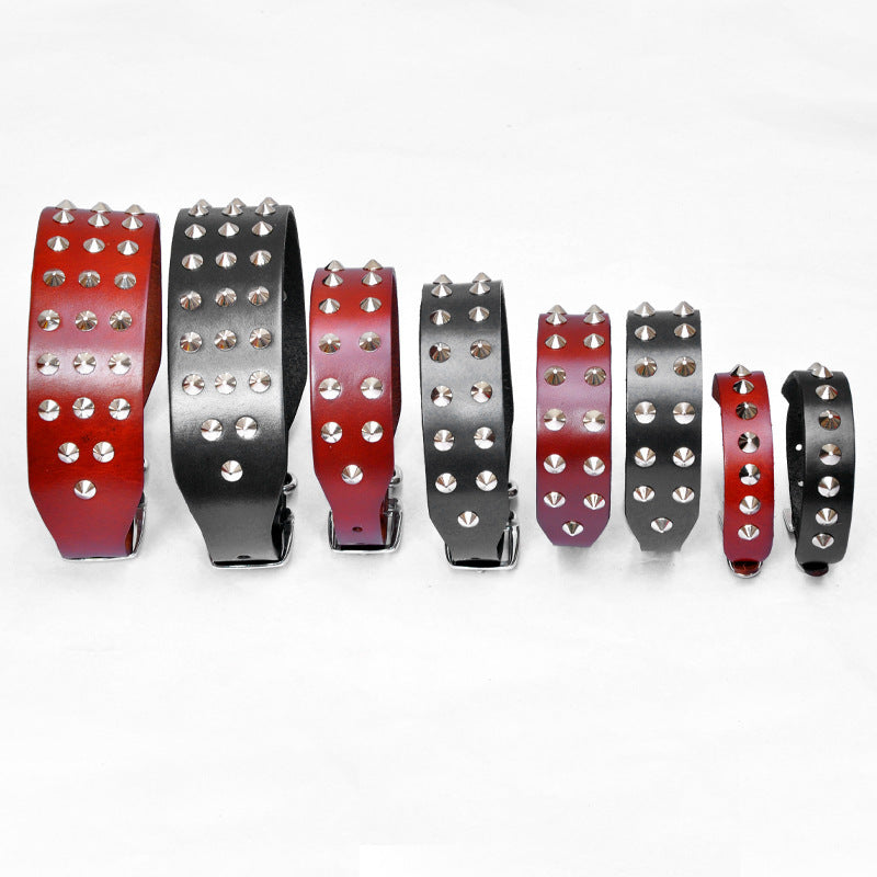 JMT-827850 Cowhide Diamond Point Dog Collar with Alloy Buckle - Anti-Bite Neckband in Black and Red-Brown