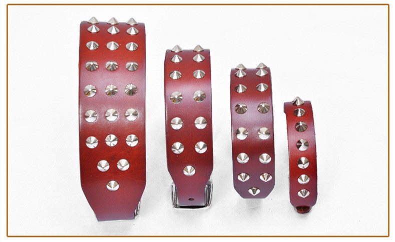 JMT-827850 Cowhide Diamond Point Dog Collar with Alloy Buckle - Anti-Bite Neckband in Black and Red-Brown