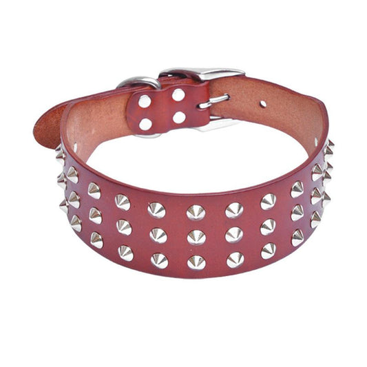 JMT-827850 Cowhide Diamond Point Dog Collar with Alloy Buckle - Anti-Bite Neckband in Black and Red-Brown
