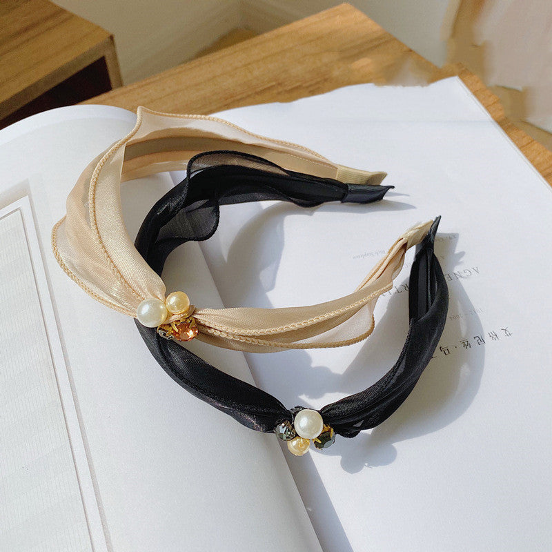 JMT-831178 Mori Organza Pearl Bowknot Headband for Women - Elegant Hair Accessory in Black and Champagne
