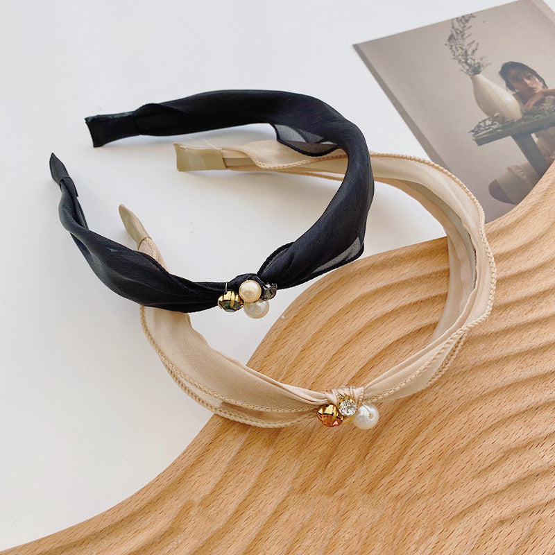 JMT-831178 Mori Organza Pearl Bowknot Headband for Women - Elegant Hair Accessory in Black and Champagne
