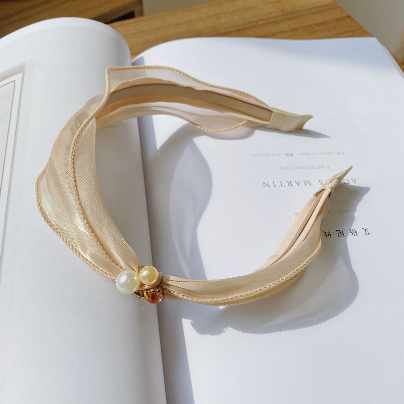 JMT-831178 Mori Organza Pearl Bowknot Headband for Women - Elegant Hair Accessory in Black and Champagne