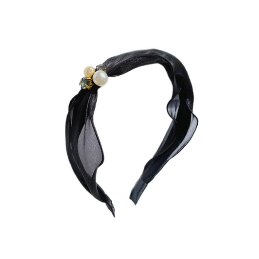 JMT-831178 Mori Organza Pearl Bowknot Headband for Women - Elegant Hair Accessory in Black and Champagne