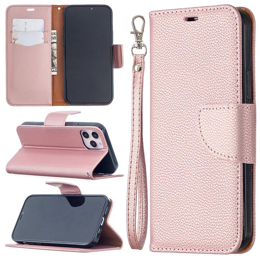 JMT-833482 Lychee Pattern Leather Wallet Case with Lanyard for iPhone Models