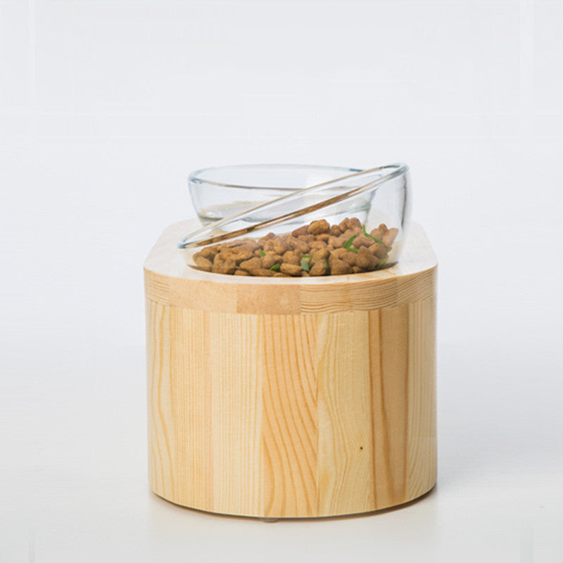 JMT-835274 Solid Wood Double Bowl Cat Feeder with Tempered Glass Bowls - Pine Multicat Design