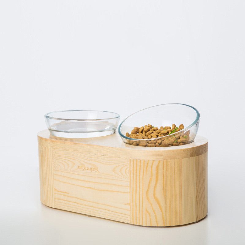 JMT-835274 Solid Wood Double Bowl Cat Feeder with Tempered Glass Bowls - Pine Multicat Design