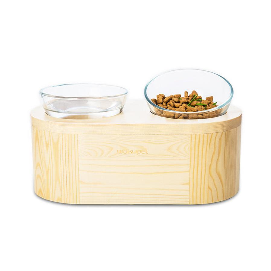 JMT-835274 Solid Wood Double Bowl Cat Feeder with Tempered Glass Bowls - Pine Multicat Design