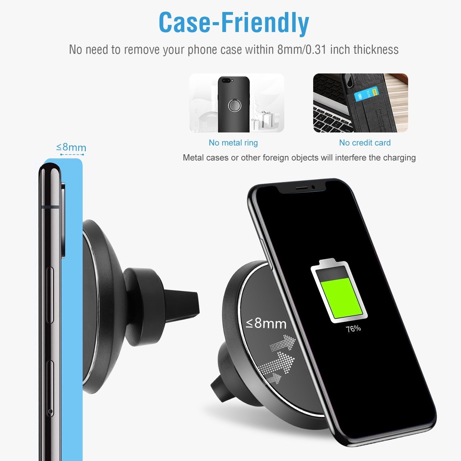 JMT-835786 Magnetic Qi Wireless Car Charger for iOS and Android Devices with 360° Rotation and Multi-Protection Features