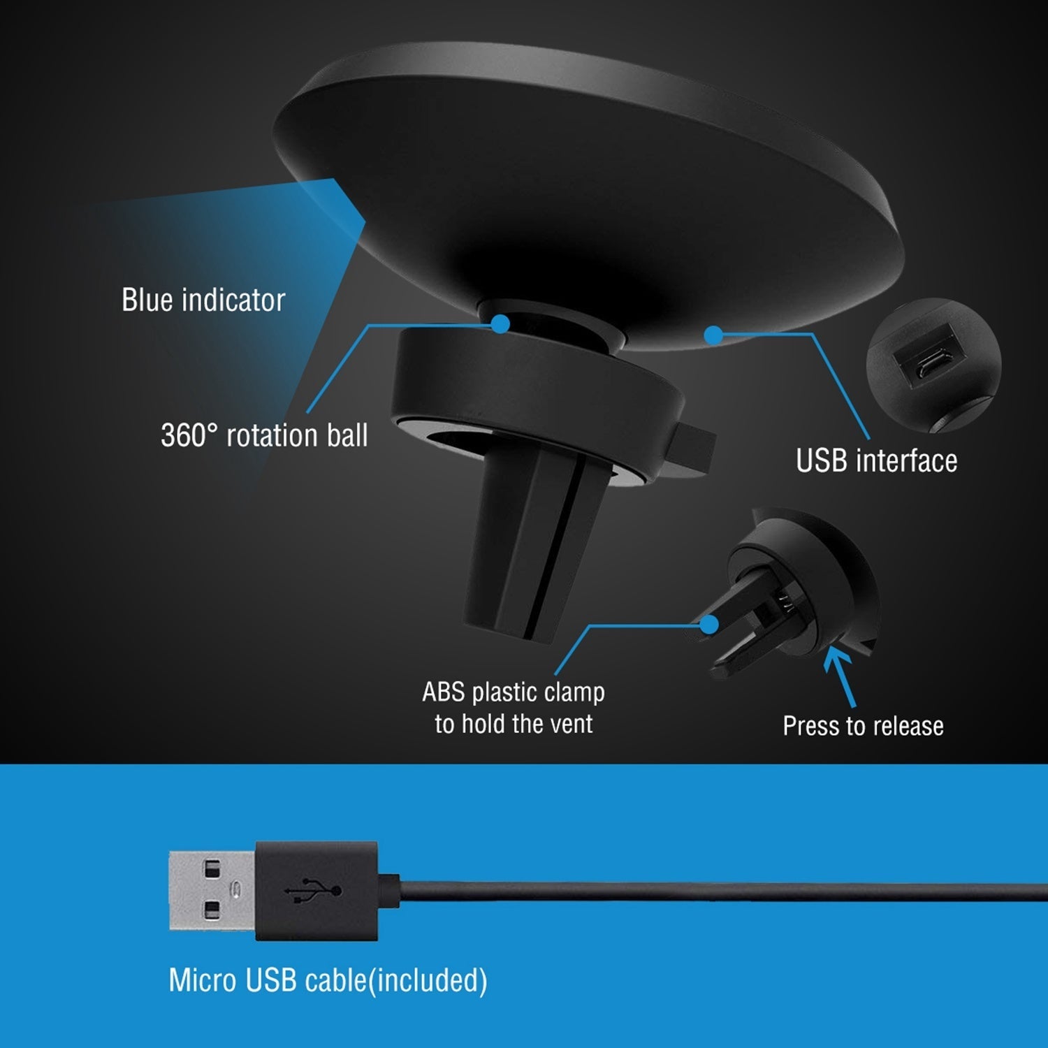JMT-835786 Magnetic Qi Wireless Car Charger for iOS and Android Devices with 360° Rotation and Multi-Protection Features