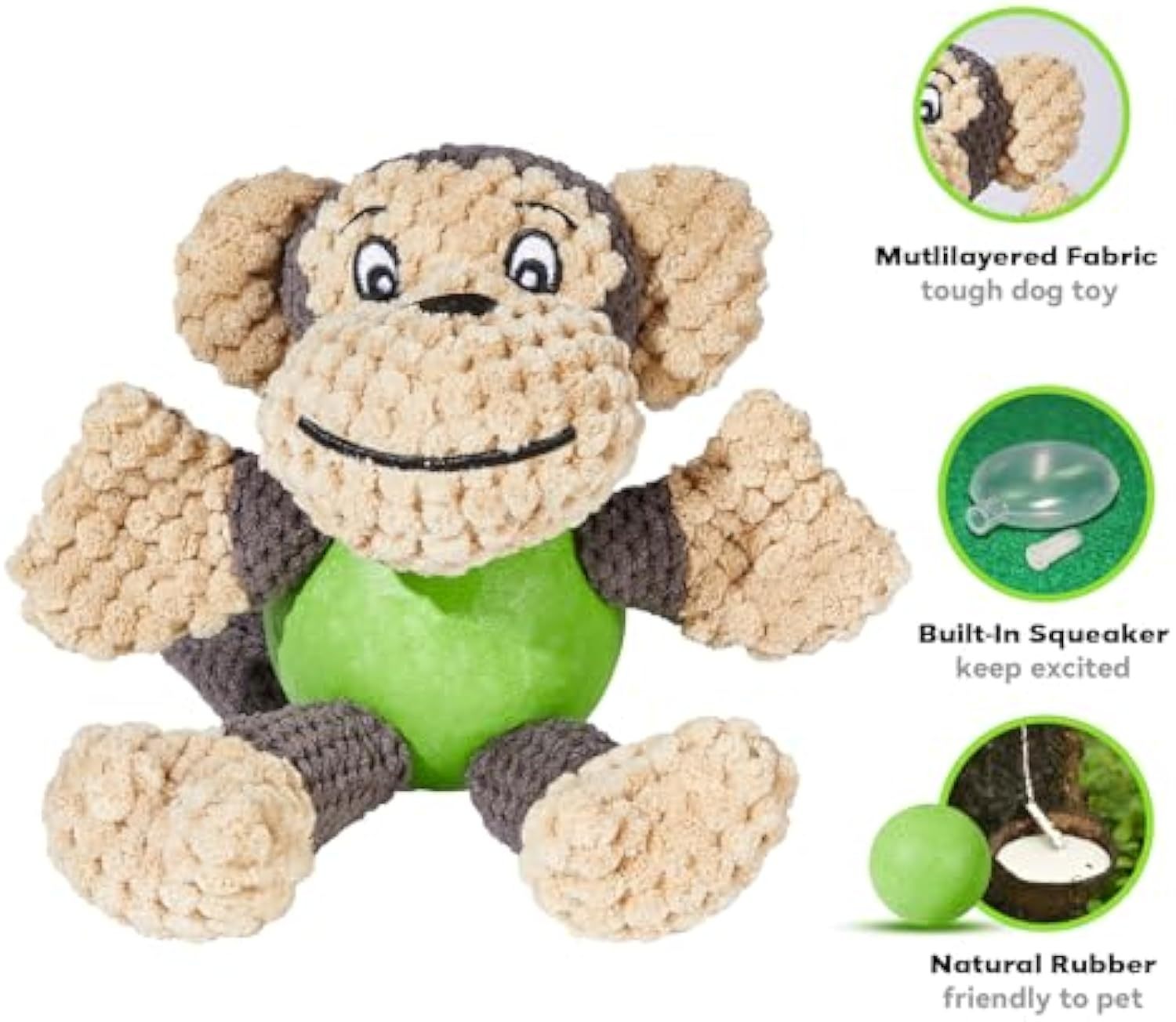 JMT-836234 Squeaky Plush Monkey Dog Toy for Small to Medium Dogs - Durable, Chew-Resistant, and Machine Washable