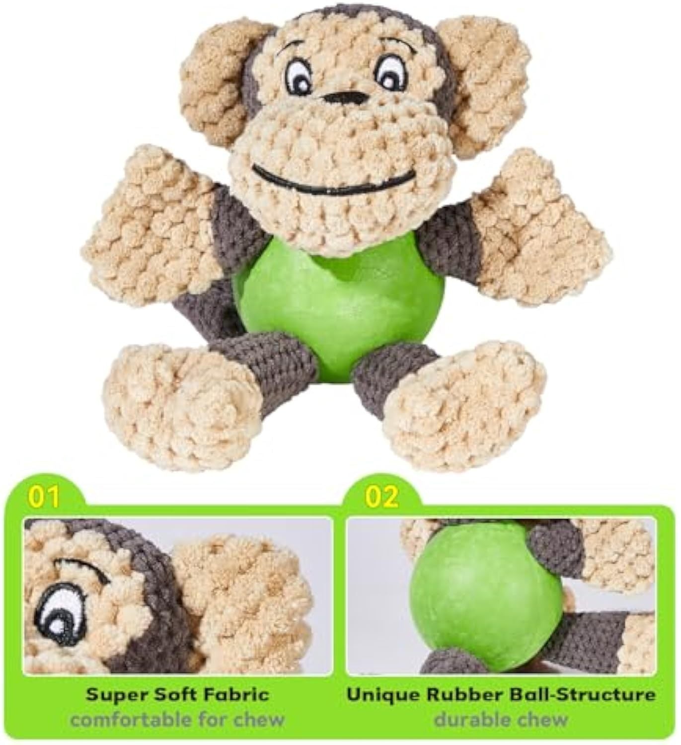 JMT-836234 Squeaky Plush Monkey Dog Toy for Small to Medium Dogs - Durable, Chew-Resistant, and Machine Washable