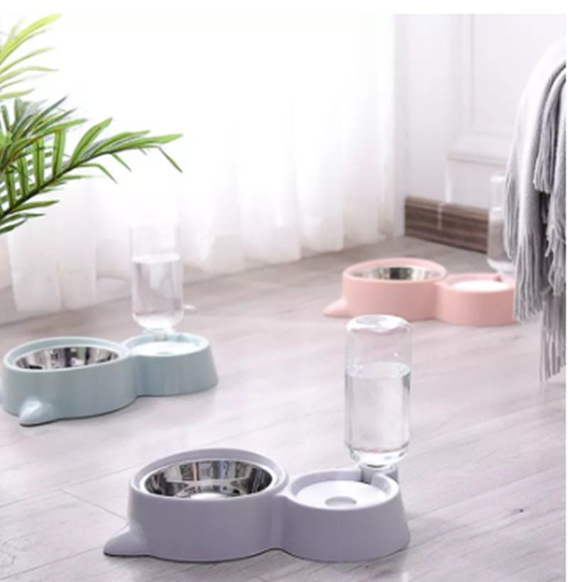 JMT-836426 Automatic Double Bowl Pet Feeder with Water Dispenser and Tilted Design for Dogs