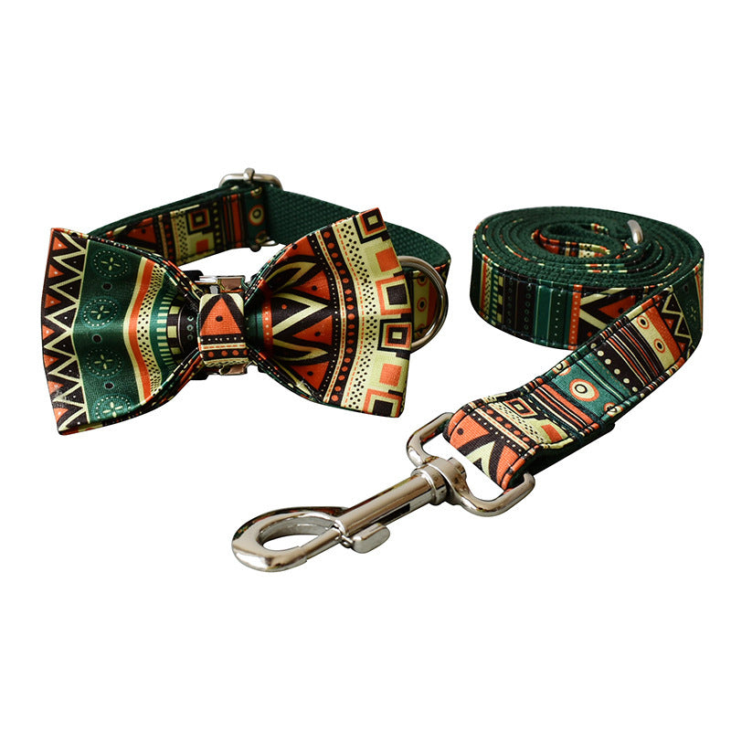JMT-836746 Bohemian Style Green Checkered Dog Leash and Bowtie Set for All Breeds