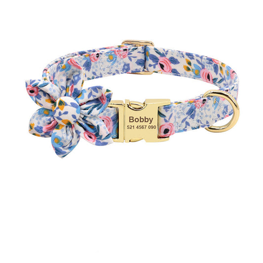 JMT-837066 Personalized Nylon Dog Collar with Floral Design and Engraved ID Tag for Small, Medium, and Large Pets