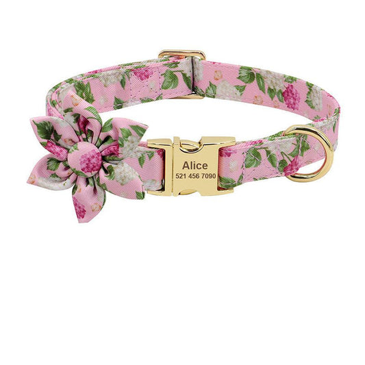 JMT-837066 Personalized Nylon Dog Collar with Floral Design and Engraved ID Tag for Small, Medium, and Large Pets