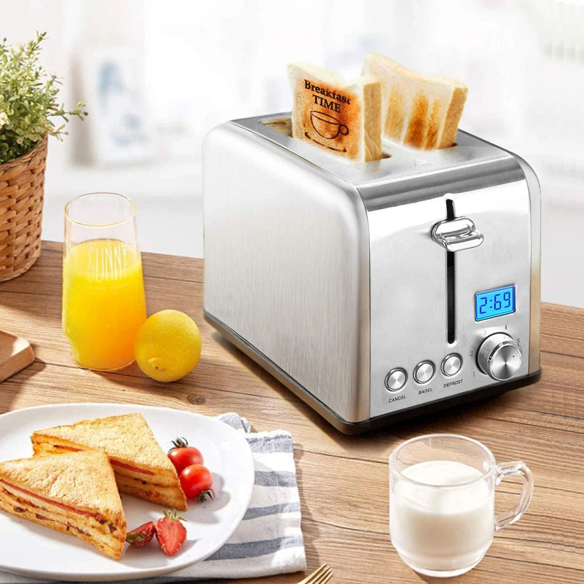 JMT-838218 Stainless Steel 2-Slice Toaster with Smart Digital LCD Timer and Woodgrain Knob