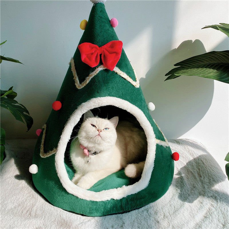 JMT-840010 Cozy Christmas Tree Dog House with Removable Cushion - Pet Tent for Dogs and Cats