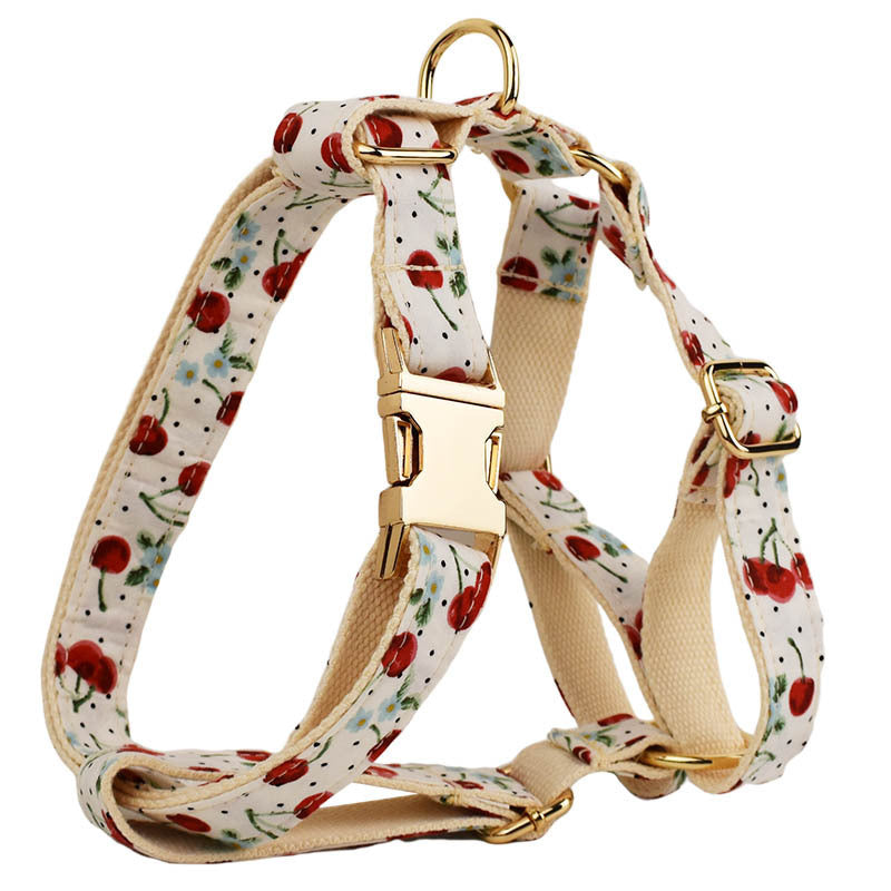JMT-841034 Red Cherry Patterned Pet Collar and Leash Set with Bow, Lightweight Gold Buckle, Includes Bowtie and Poop Bag