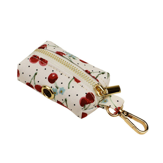 JMT-841034 Red Cherry Patterned Pet Collar and Leash Set with Bow, Lightweight Gold Buckle, Includes Bowtie and Poop Bag
