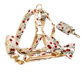 JMT-841034 Red Cherry Patterned Pet Collar and Leash Set with Bow, Lightweight Gold Buckle, Includes Bowtie and Poop Bag