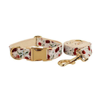 JMT-841034 Red Cherry Patterned Pet Collar and Leash Set with Bow, Lightweight Gold Buckle, Includes Bowtie and Poop Bag