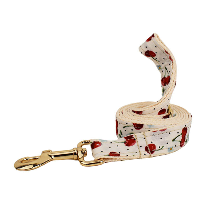 JMT-841034 Red Cherry Patterned Pet Collar and Leash Set with Bow, Lightweight Gold Buckle, Includes Bowtie and Poop Bag