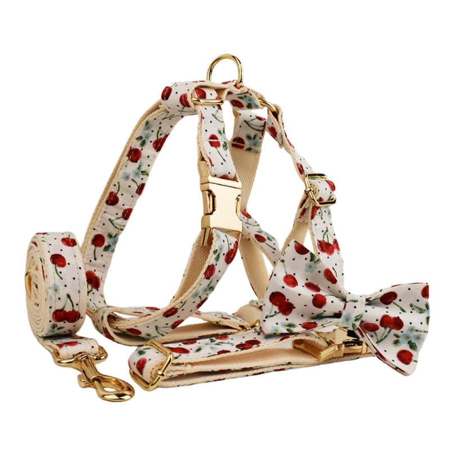 JMT-841034 Red Cherry Patterned Pet Collar and Leash Set with Bow, Lightweight Gold Buckle, Includes Bowtie and Poop Bag