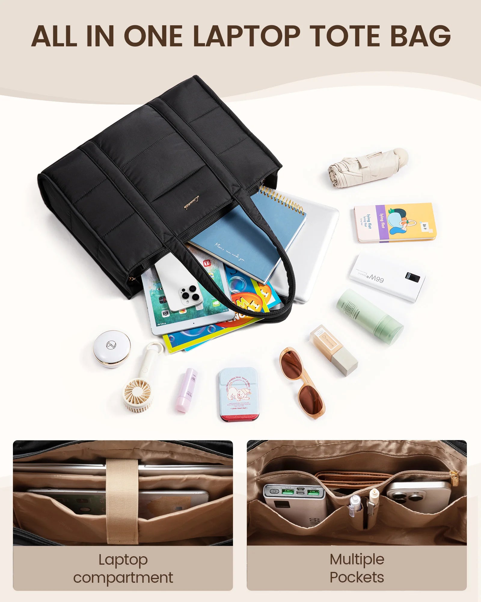JMT-841674 Quilted Puffer Tote Bag for Laptop Up to 17 inches - Lightweight Professional Briefcase for Women