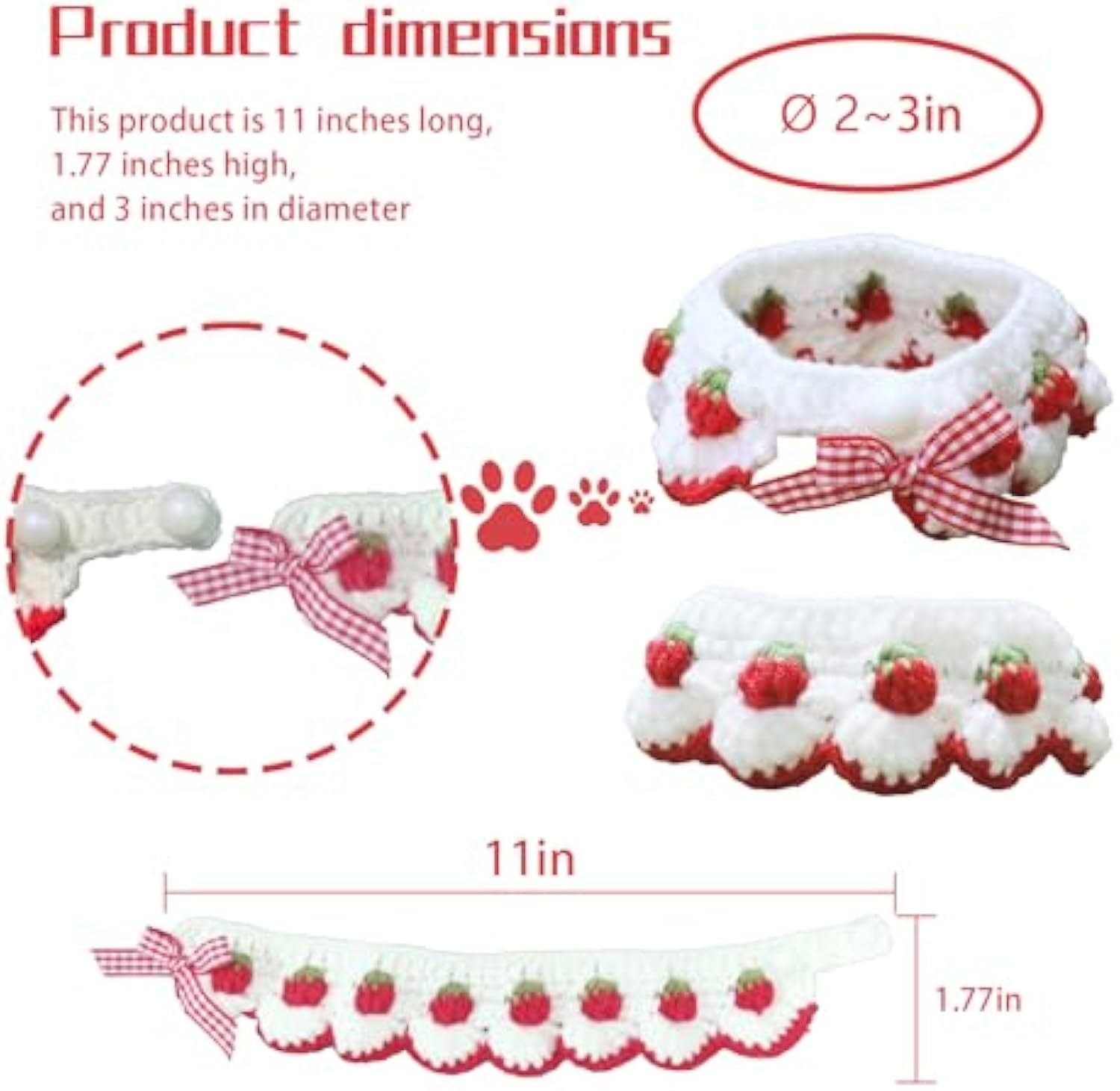 JMT-842506 Strawberry Print Cat Collar with Breakaway Buckle and Bow Tie for Kittens and Small Dogs