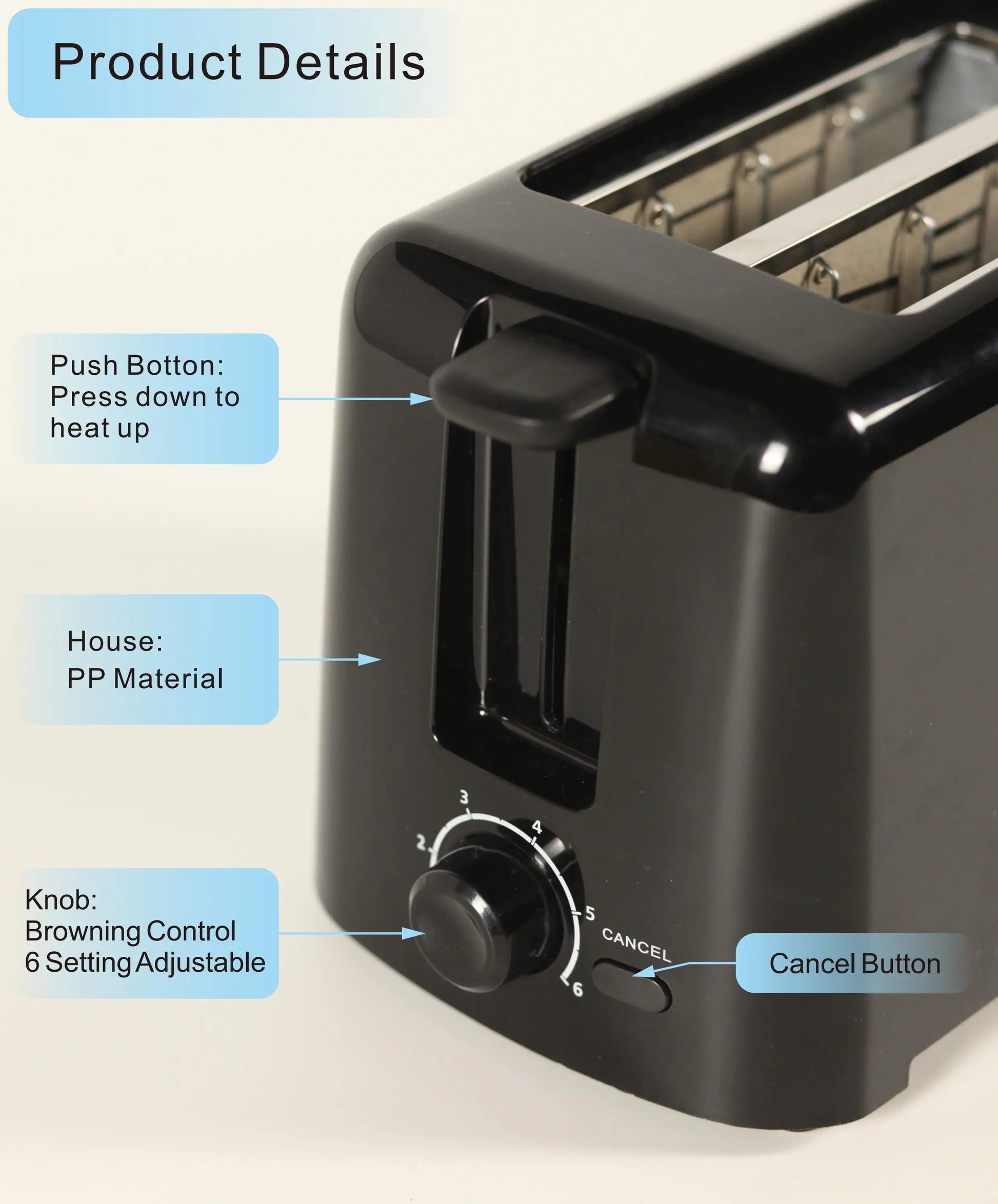 JMT-842954 750W 2-Slice Electronic Toaster for Quick and Even Toasting of Bread
