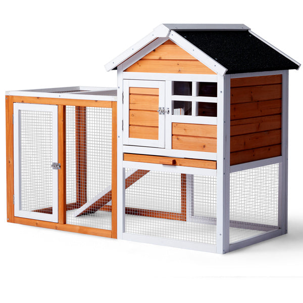 JMT-843018 Wooden Rabbit Hutch with Run and Removable Upper Tray for Small Pets - Waterproof Roof and Secure Access Doors