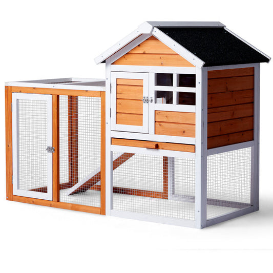 JMT-843018 Wooden Rabbit Hutch with Run and Removable Upper Tray for Small Pets - Waterproof Roof and Secure Access Doors