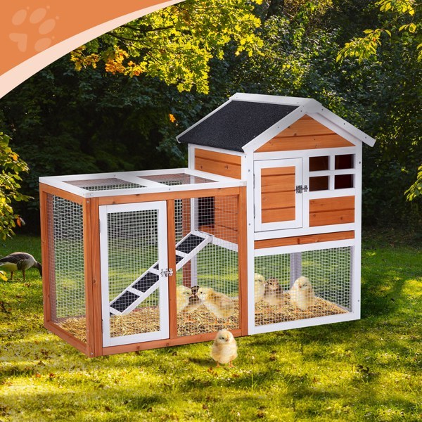 JMT-843018 Wooden Rabbit Hutch with Run and Removable Upper Tray for Small Pets - Waterproof Roof and Secure Access Doors