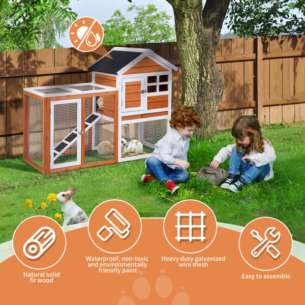 JMT-843018 Wooden Rabbit Hutch with Run and Removable Upper Tray for Small Pets - Waterproof Roof and Secure Access Doors