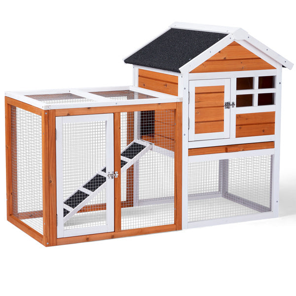 JMT-843018 Wooden Rabbit Hutch with Run and Removable Upper Tray for Small Pets - Waterproof Roof and Secure Access Doors