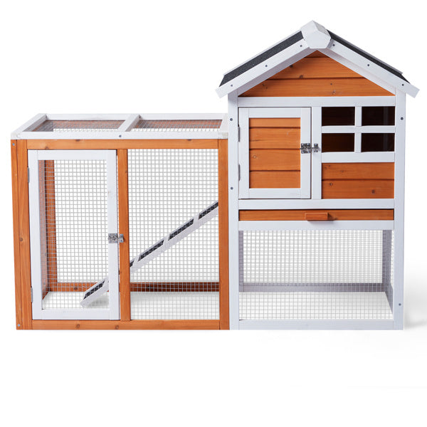 JMT-843018 Wooden Rabbit Hutch with Run and Removable Upper Tray for Small Pets - Waterproof Roof and Secure Access Doors