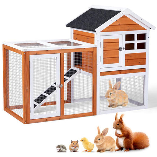 JMT-843018 Wooden Rabbit Hutch with Run and Removable Upper Tray for Small Pets - Waterproof Roof and Secure Access Doors