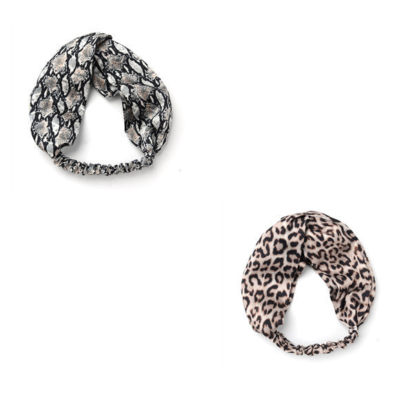 JMT-844682 Satin Leopard & Snake Print Cross Hair Band - 25.5CM Length, 14.5CM Width