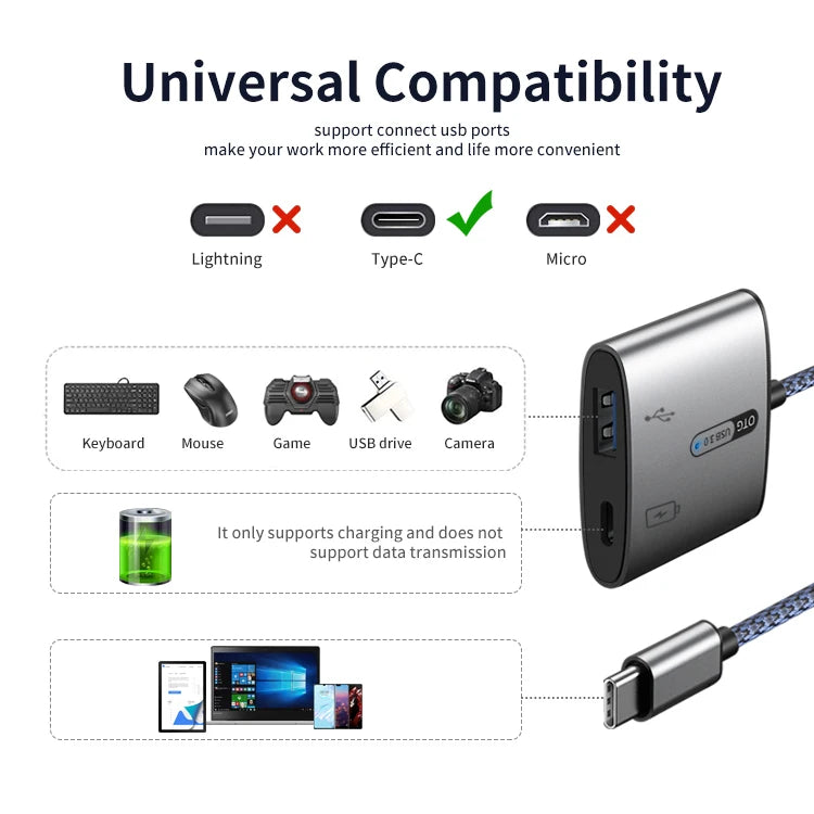 JMT-844810 2-in-1 USB Type-C OTG to USB 3.0 Adapter for Fast Charging Compatibility with Smartphones and Tablets