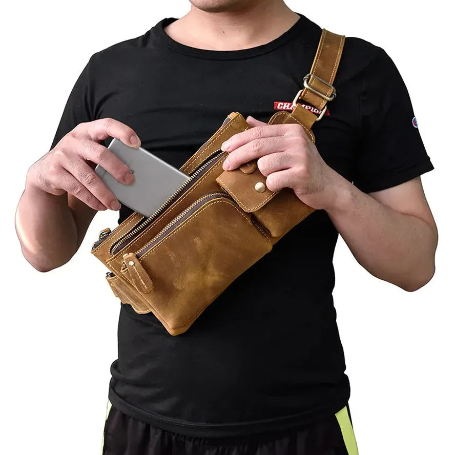 JMT-845194 Retro Crazy Horse Leather Chest Bag - Men's Lightweight Waterproof Messenger Bag in Ranger Tan