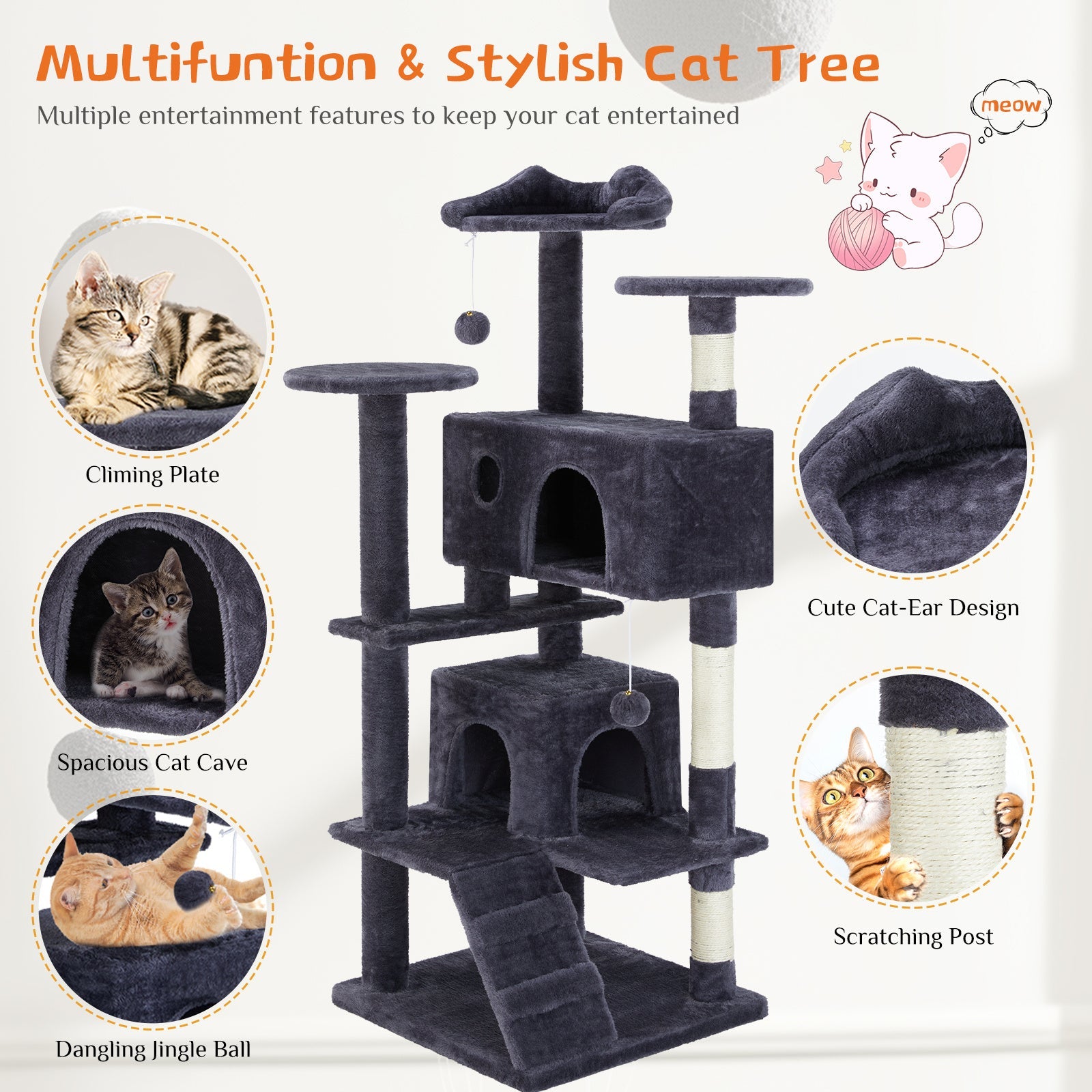 JMT-845322 Beige and Deep Blue Multi-Functional Cat Treehouse with Climbing Frame, 135 cm Height